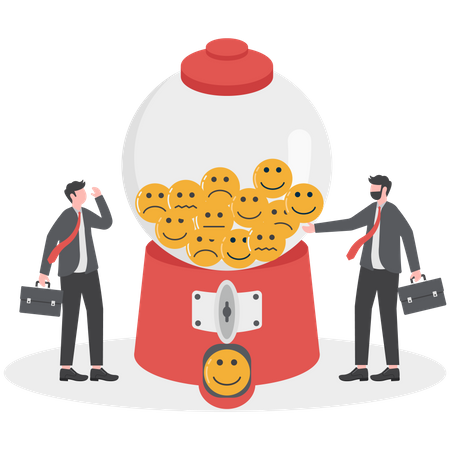 Cheerful businessman waiting gumball machine to give smile face  Illustration