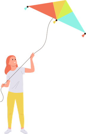 Cheerful carefree female kid holding flying kite wind toy  Illustration