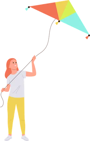 Cheerful carefree female kid holding flying kite wind toy  Illustration