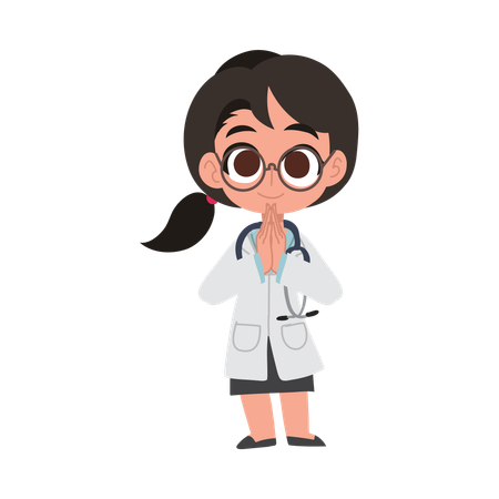 Cheerful cartoon doctor in medical uniform greeting warmly  Illustration