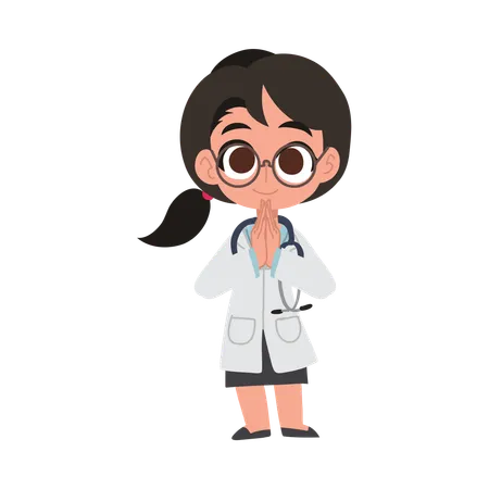 Cheerful cartoon doctor in medical uniform greeting warmly  Illustration