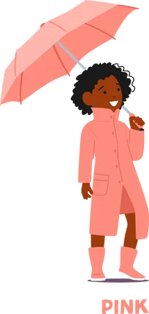 Cheerful Child Dressed In  Pink Raincoat And Boots Holding Umbrella  Illustration