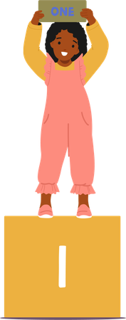 Cheerful Child Girl Proudly Holds Up The Number One  イラスト