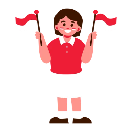 Illustration Of A Happy Child In A Red Shirt And White Skirt Waving Two Indonesia Flags Illustration