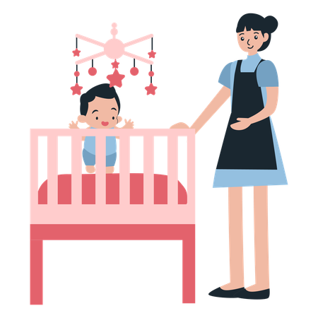 Cheerful childcare and baby with lady  Illustration