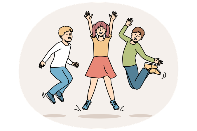 Cheerful childrens jumping together and enjoying life symbolize happy childhood.  Illustration