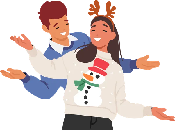 Cheerful Couple Characters In Cozy Christmas Sweaters Adorned With Vibrant Patterns And Holiday Motifs Share Warm Smiles Amid Festive Decorations Cartoon People Vector Illustration Illustration