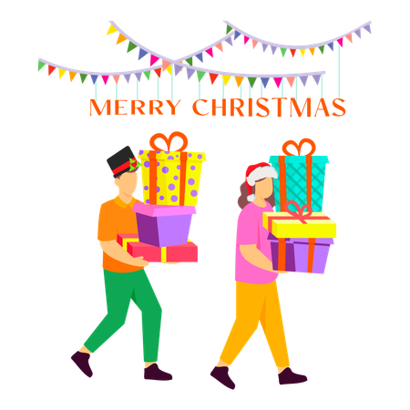 Cheerful couple exchanging gifts at Christmas celebration, radiating festive joy  Illustration