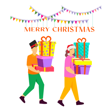 Cheerful couple exchanging gifts at Christmas celebration, radiating festive joy  Illustration