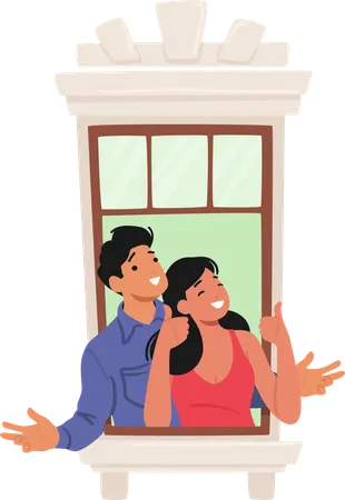 Cheerful Couple Characters Gaze Through The Window Their Smiles Radiating Warmth And Happiness Sharing A Moment Of Love And Connection Neighbors Man And Woman Cartoon People Vector Illustration Illustration