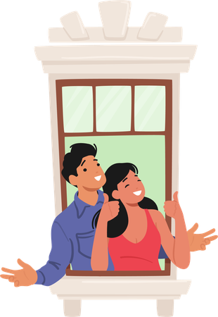 Cheerful couple gaze through the window  Illustration