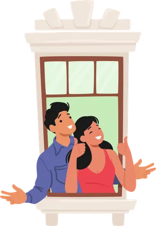 Cheerful couple gaze through the window  Illustration