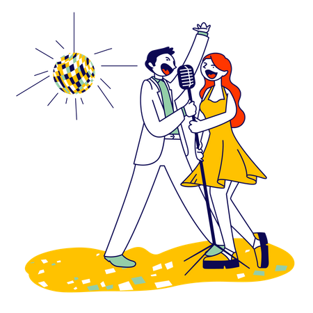 Cheerful Couple Singing Song with Microphones in Karaoke Bar or Nightclub with Stroboscope  Illustration