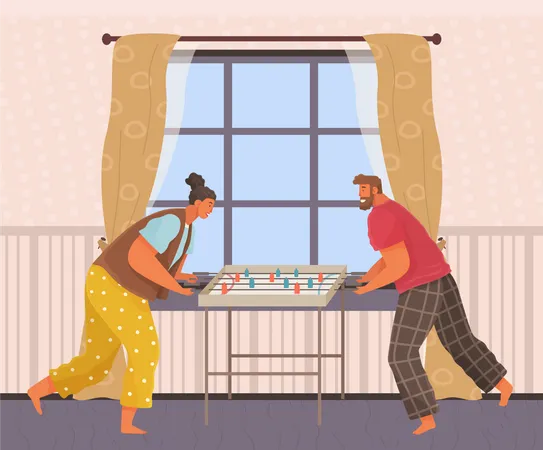 Cheerful Couple Plays Board Game Joyful Man And Woman Play Table Football Together At Home In Room Near Stairs Home Activities And Entertainment People With Game Spend Time Playing Football Illustration