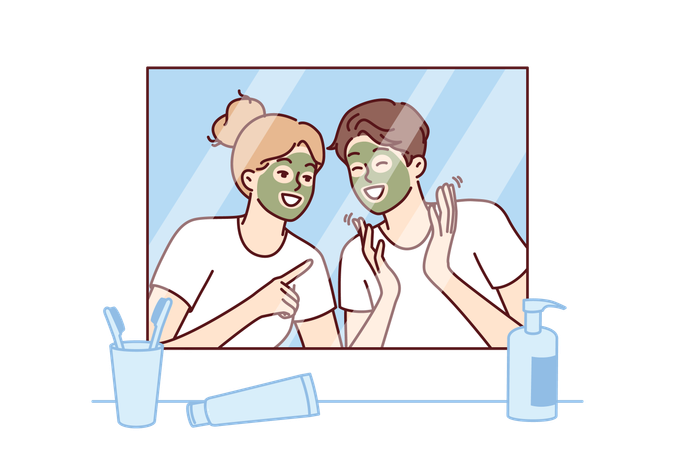 Cheerful couple with rejuvenating mask on faces look in mirror  일러스트레이션