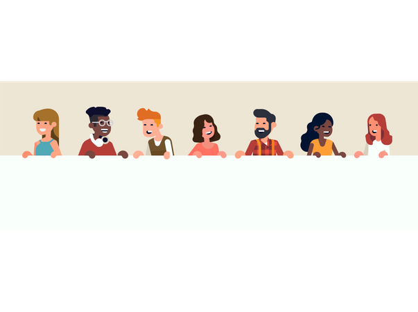 Cheerful diverse group of abstract people line up holding empty white horizontal banner  Illustration