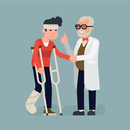 Cheerful doctor comforts injured person on crutches with a plaster cast on his leg and a bondage on head in recovery  Illustration