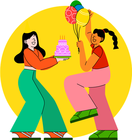 Cheerful exchange of a birthday cake and balloons between friends at a party  イラスト