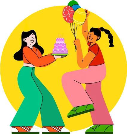 A Cheerful Exchange Of A Birthday Cake And Balloons Between Friends At A Party Illustration