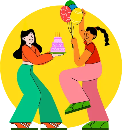 Cheerful exchange of a birthday cake and balloons between friends at a party  Illustration