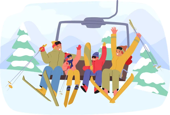 Cheerful Family Characters Bundled In Winter Gear Ascend A Snowy Ski Lift With Snow Capped Mountains In The Background Creating A Picture Perfect Winter Scene Cartoon People Vector Illustration Illustration