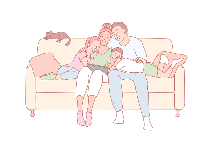 Cheerful family watching movie together  イラスト