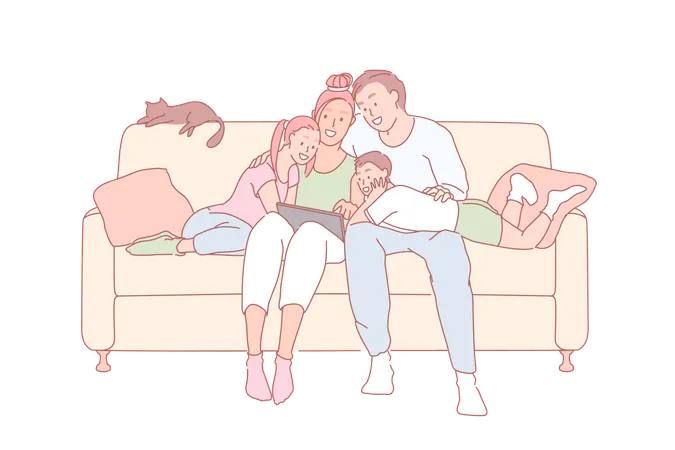 Cheerful family watching movie together  イラスト