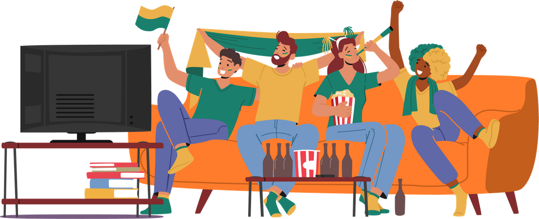 Cheerful fans watching on tv while cheering for favorite sport team Illustration
