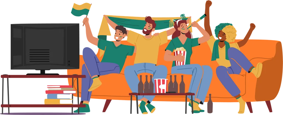 Cheerful fans watching on tv while cheering for favorite sport team Illustration