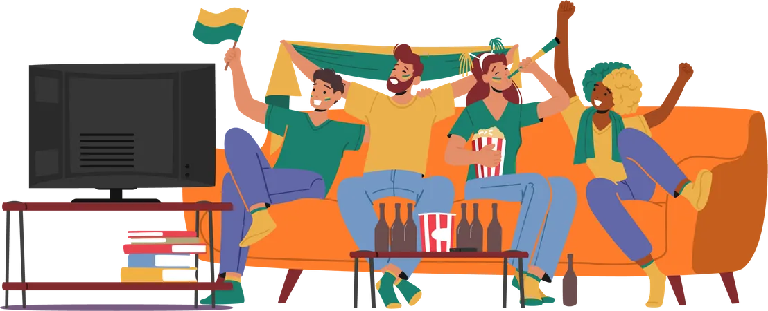 Cheerful fans watching on tv while cheering for favorite sport team  Illustration