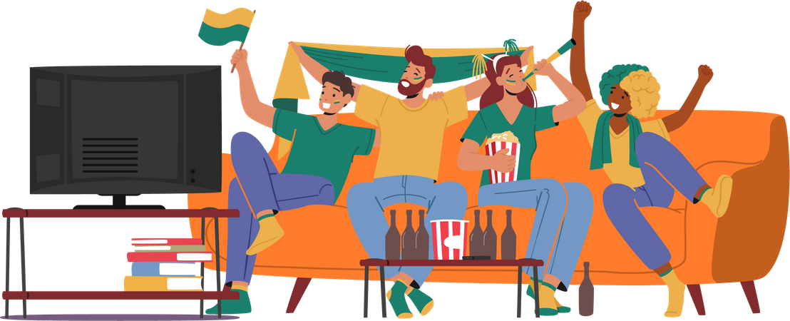 Cheerful fans watching on tv while cheering for favorite sport team  Illustration