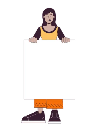 Cheerful Female Protester Flat Line Color Vector Character Woman With Empty Slogan Blank Editable Outline Full Body Person On White Simple Cartoon Spot Illustration For Web Graphic Design Illustration