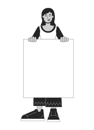 Cheerful Female Protester Flat Line Black White Vector Character Woman With Empty Slogan Blank Editable Outline Full Body Person Simple Cartoon Isolated Spot Illustration For Web Graphic Design Illustration