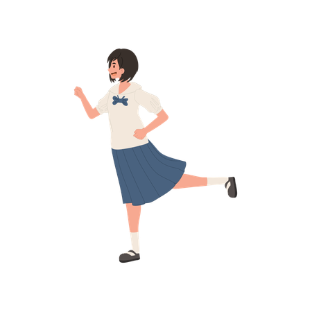 Cheerful female student in asian school uniform running with smile  Illustration