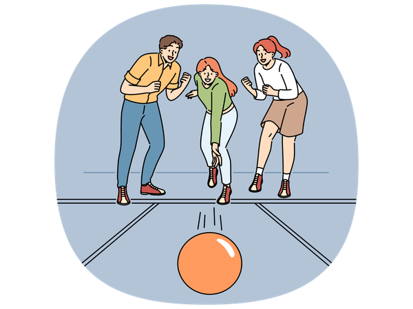 Cheerful friends play bowling together and support girlfriend thrower ball, wants to knock down pins  Illustration