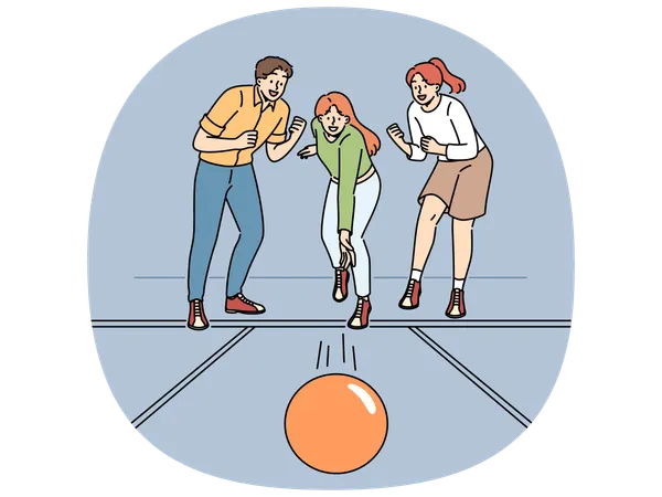 Cheerful friends play bowling together and support girlfriend thrower ball, wants to knock down pins  Illustration