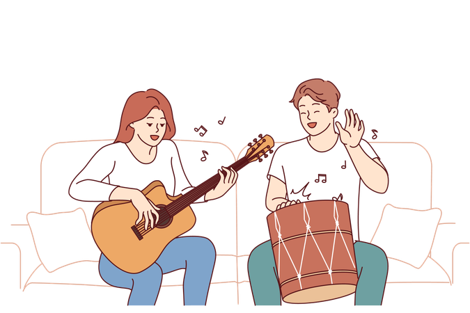 Cheerful friends playing musical instruments sitting on sofa and using drum with guitar  Illustration