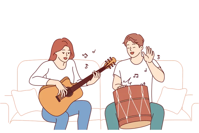 Cheerful friends playing musical instruments sitting on sofa and using drum with guitar  Illustration