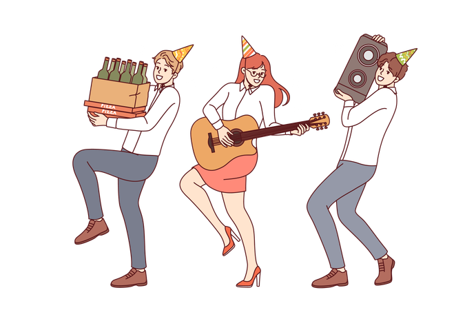 Cheerful friends rush to party with alcohol and musical equipment rejoicing at coming weekend  Illustration