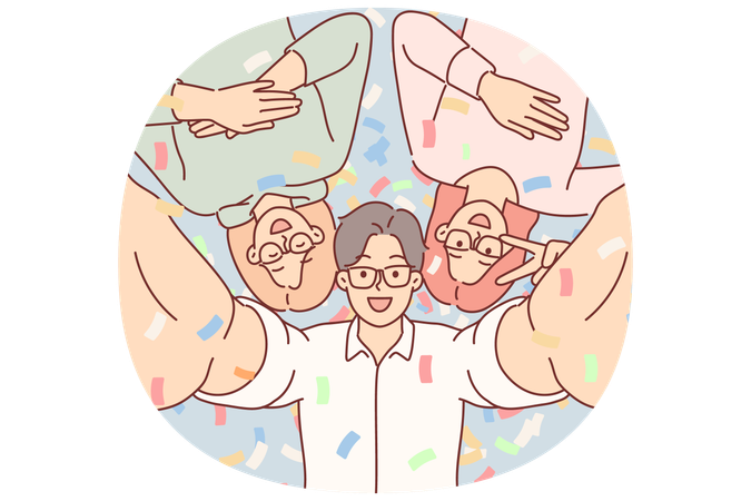 Cheerful friends take selfie together at party in nightclub posing among falling confetti  Illustration