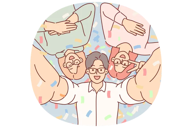 Cheerful friends take selfie together at party in nightclub posing among falling confetti  Illustration