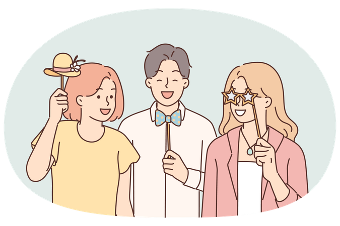 Cheerful friends with photo props pose for joint picture during birthday party or holiday festival  Illustration