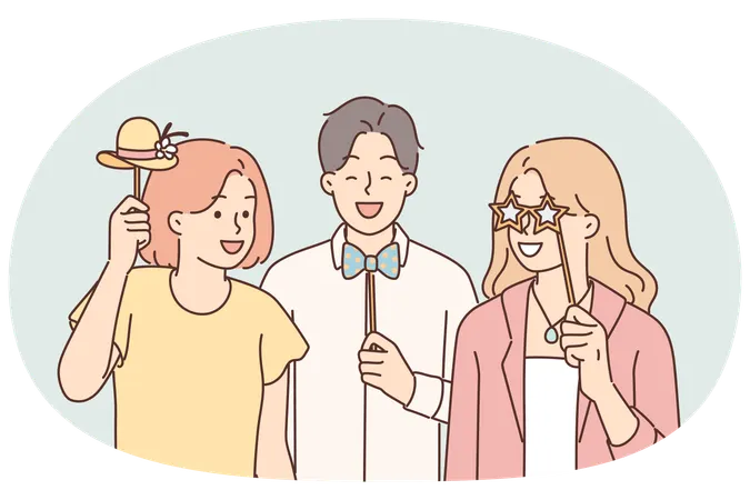 Cheerful friends with photo props pose for joint picture during birthday party or holiday festival  Illustration