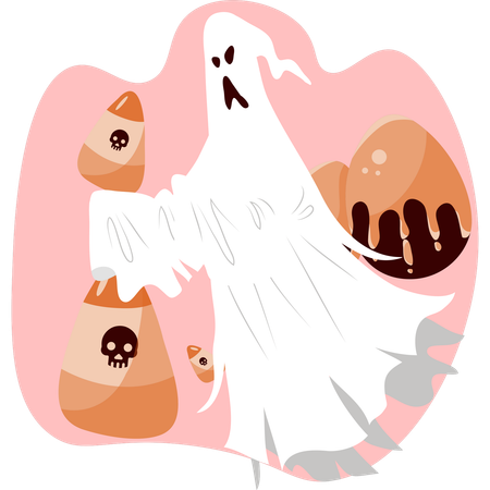 Cheerful ghost clutches candy corn and a pumpkin embodying the spirit of Halloween with a playful expression  Illustration