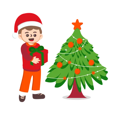 Cheerful girl decorating xmas tree  Illustration