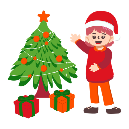 Cheerful girl decorating xmas tree  Illustration