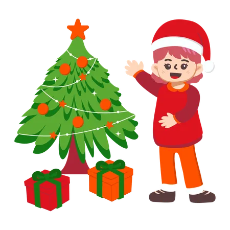 Cheerful girl decorating xmas tree  Illustration