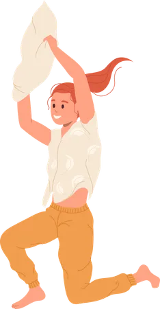 Cheerful girl jumping with pillow fooling around with joy  Illustration