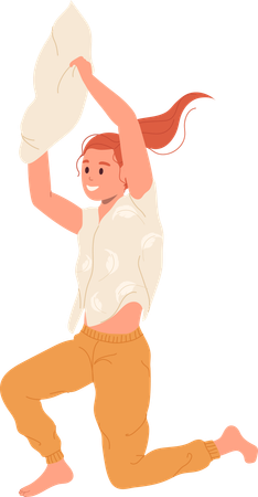 Cheerful girl jumping with pillow fooling around with joy  イラスト