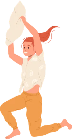 Cheerful girl jumping with pillow fooling around with joy  イラスト